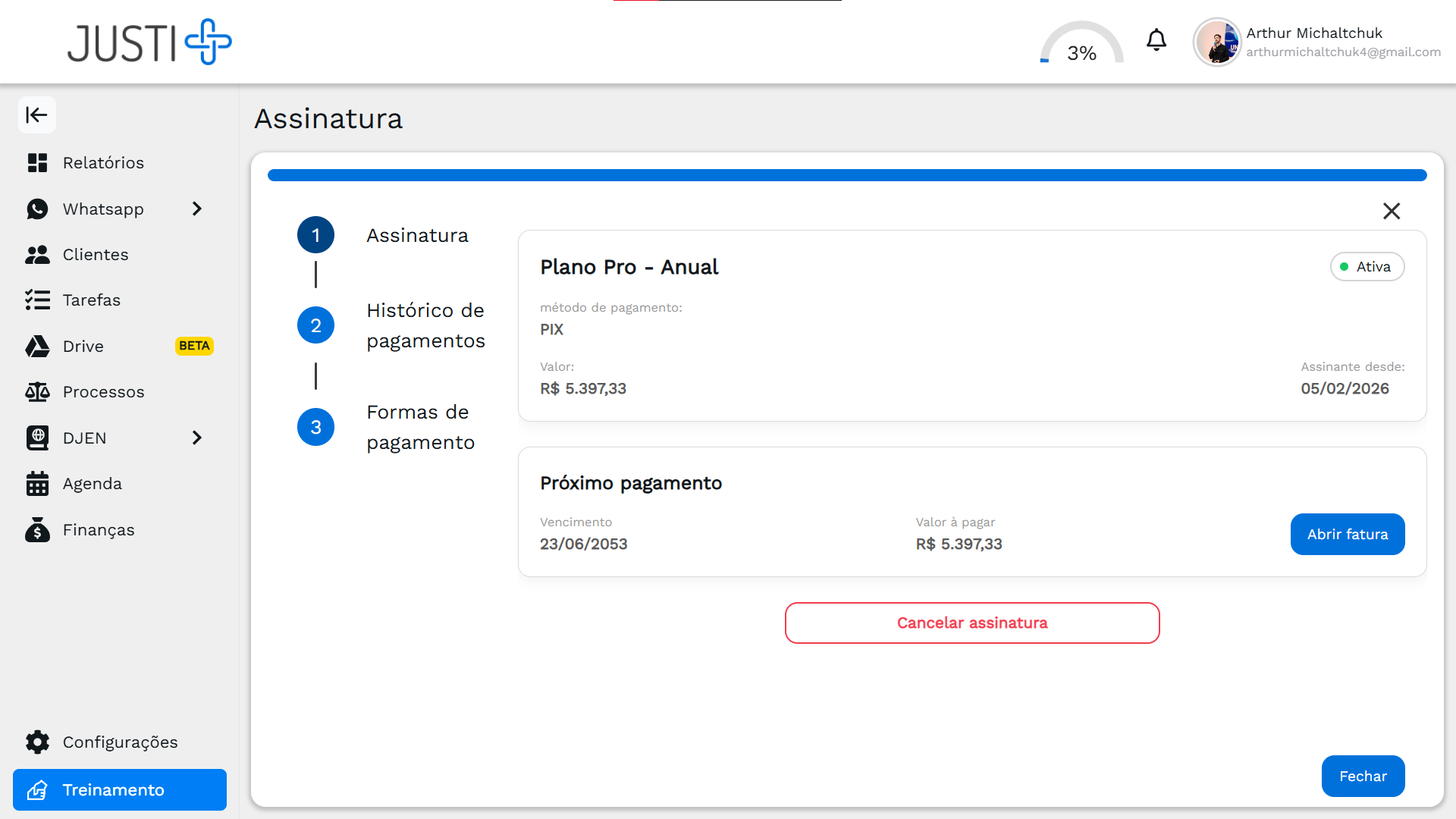 Tela de visualização da assinatura