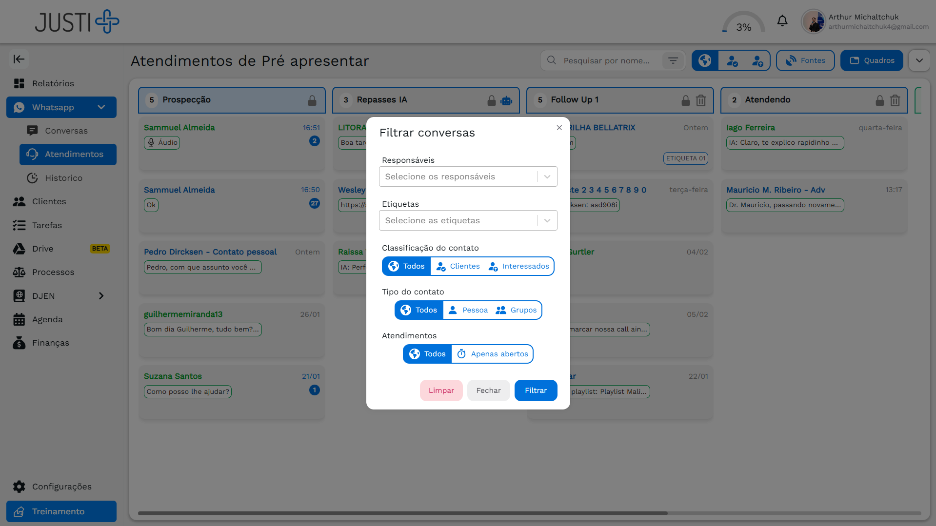 Filtros de atendimentos