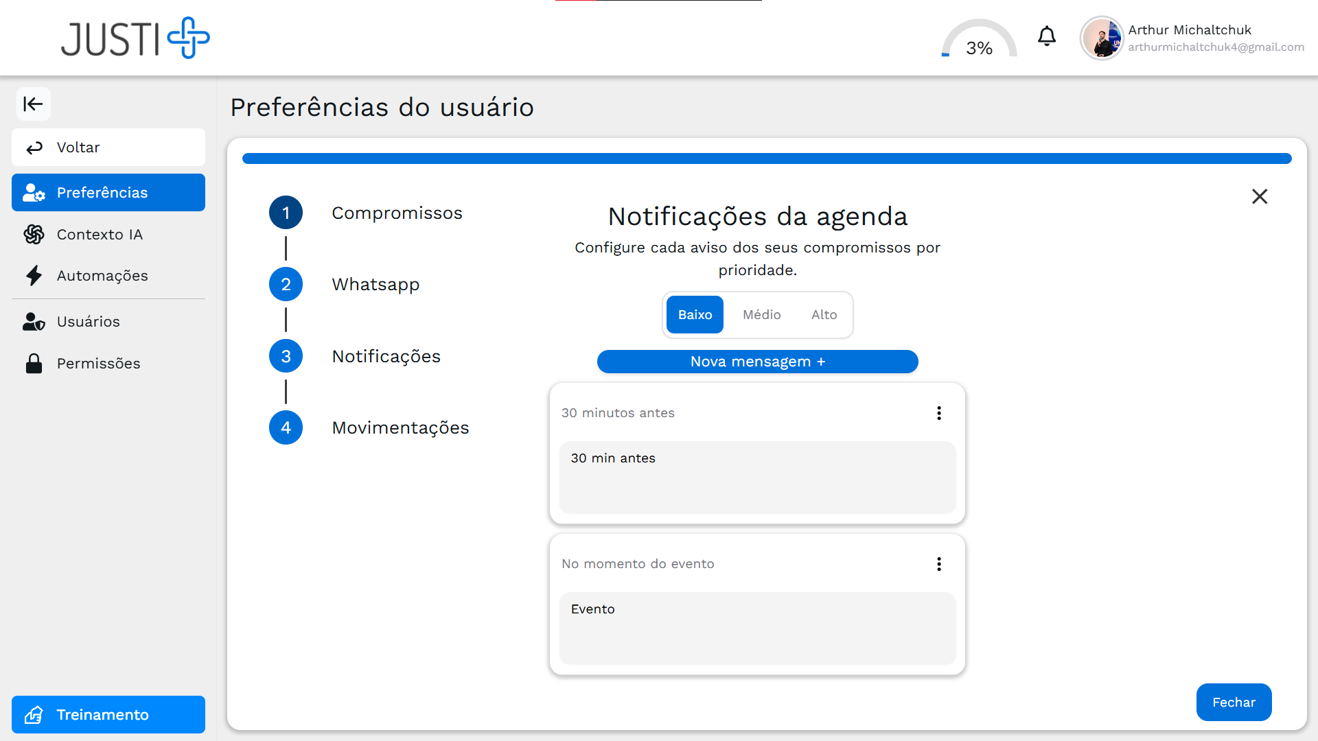Configuração de lembretes de agenda