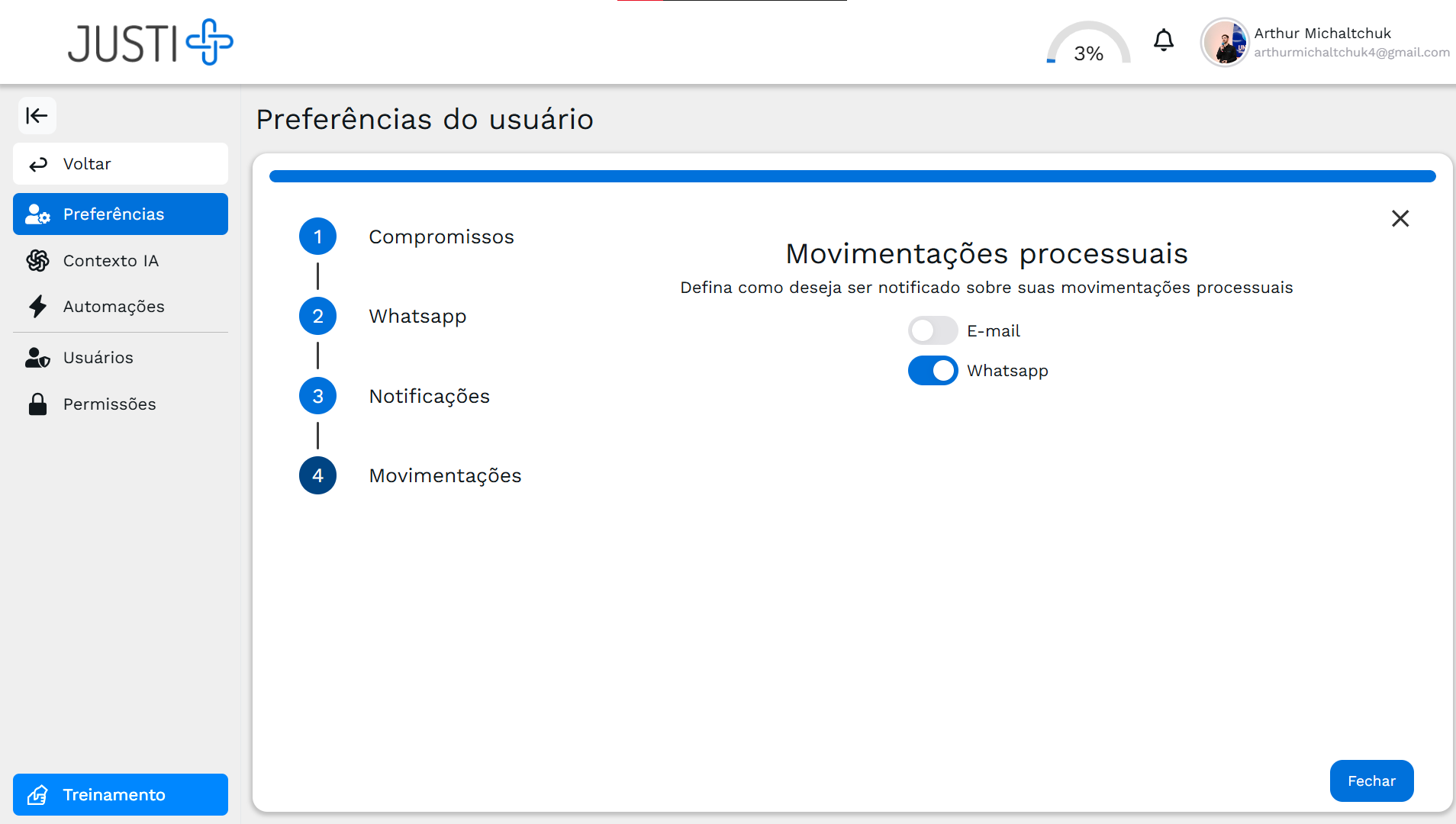 Seleção de canais para notificação