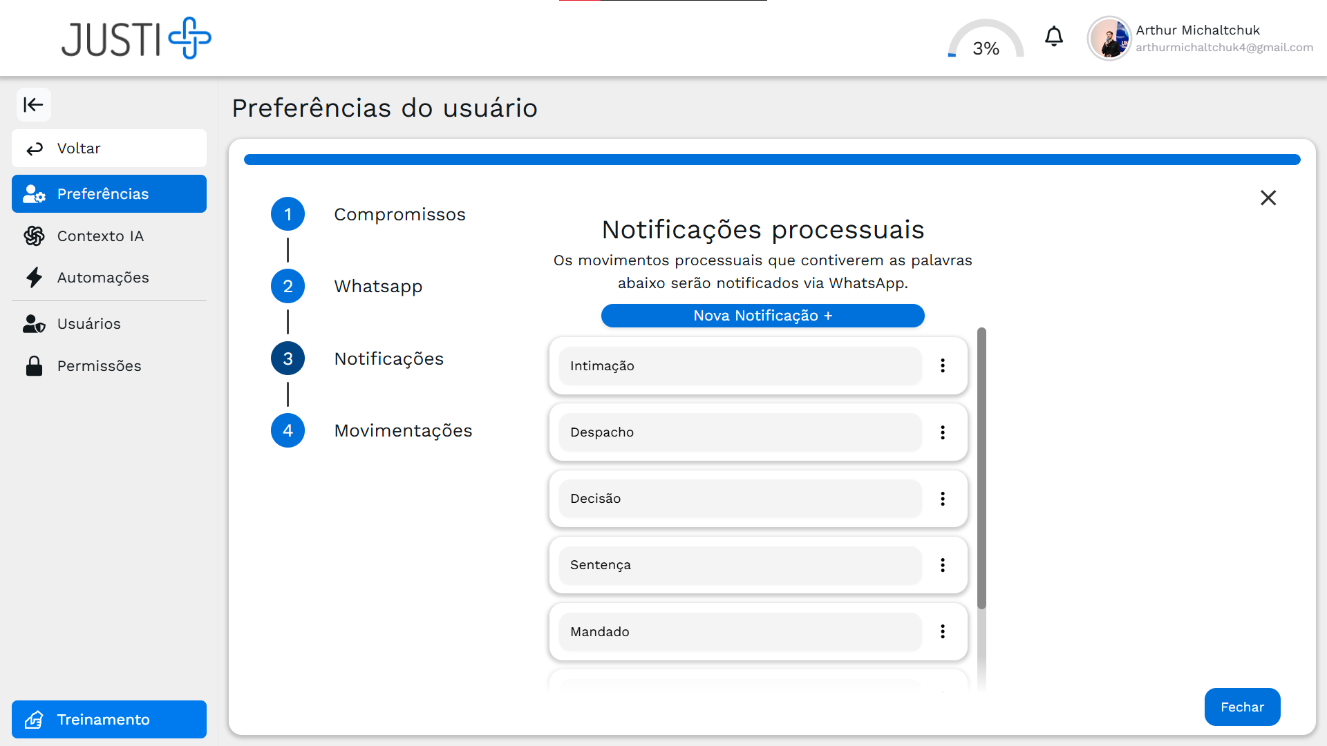 Configuração de palavras-chave para notificações