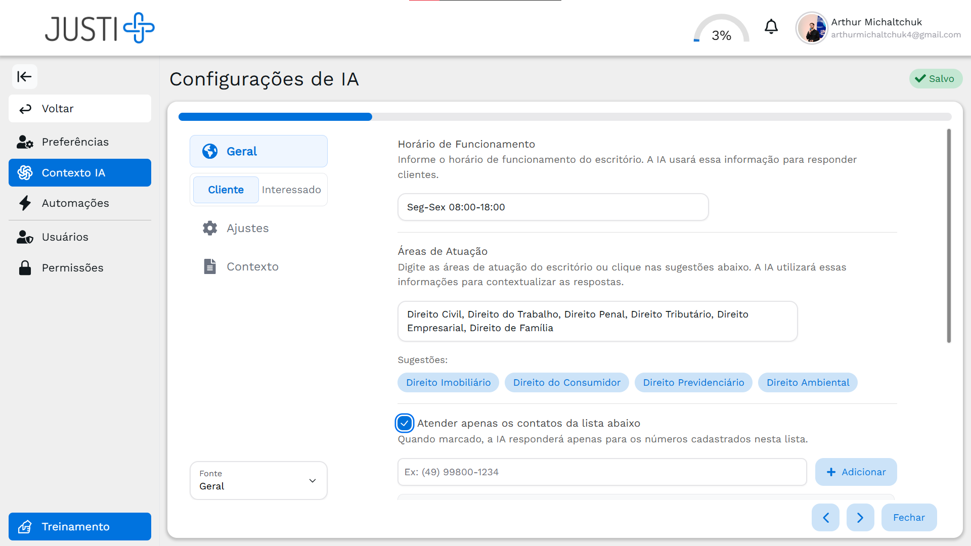 Tela Geral das Configurações de IA
