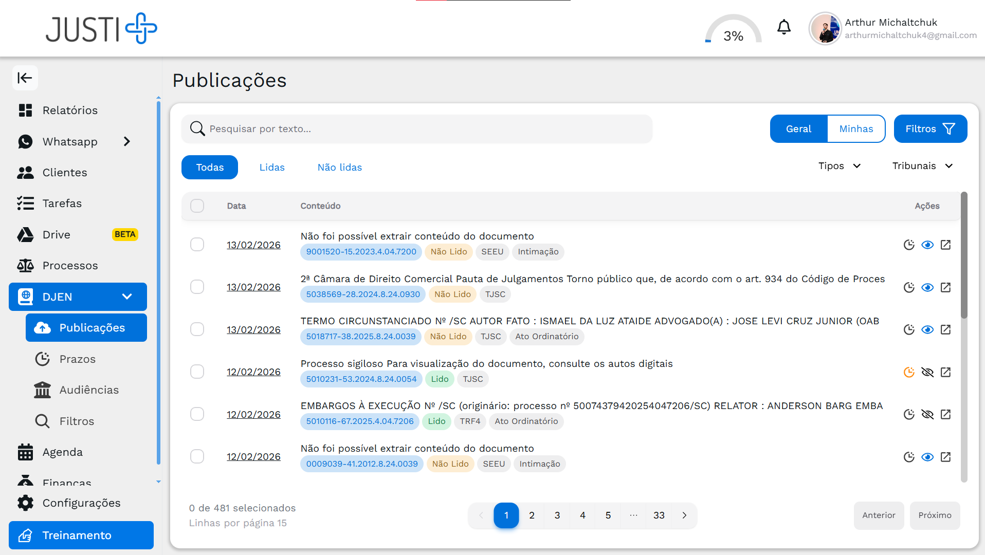 Tela de Publicações