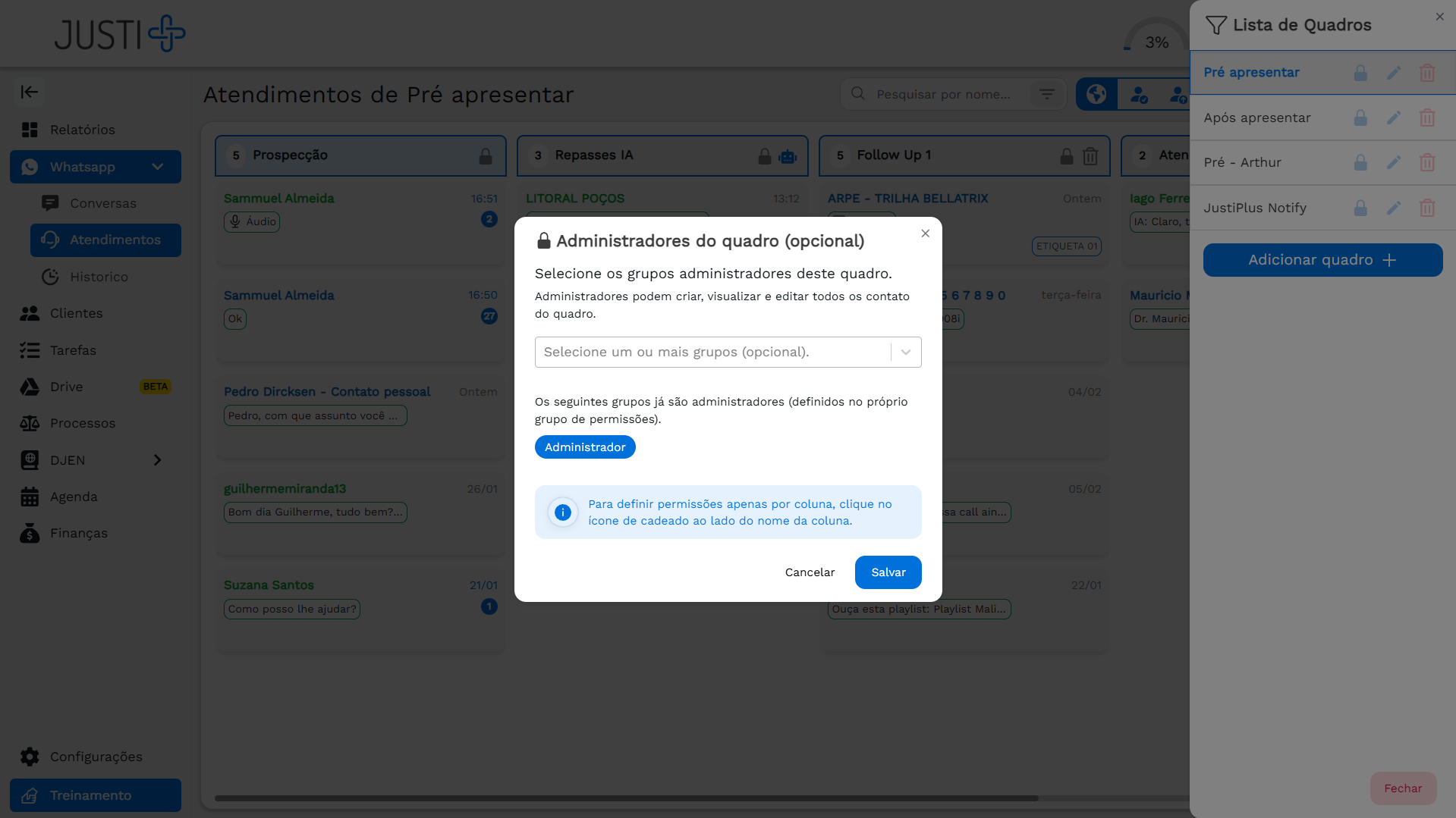 Quadro de permissões